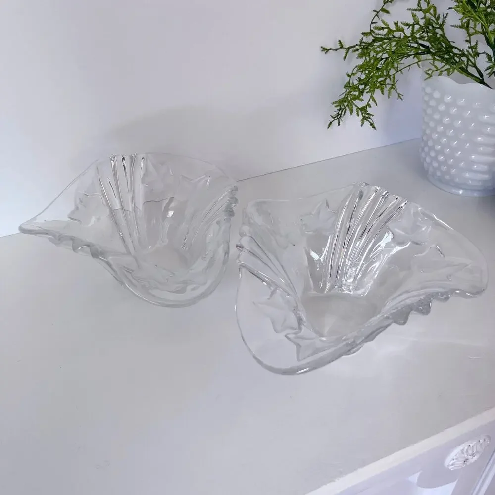 Mikasa Parisian Ivy Crystal Bowl Set of 2 Clear Frosted Leaves Handkerchief Rim